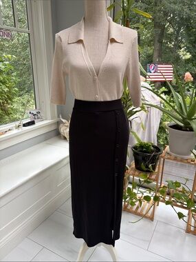Two-piece set, Cream collared cardigan and Black side slit skirt